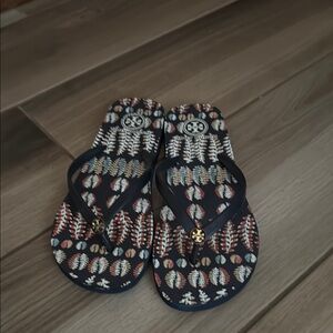 Tory Burch Thin  Flip Flop Thong Sandal Navy Blue Fern Print Women Size 10